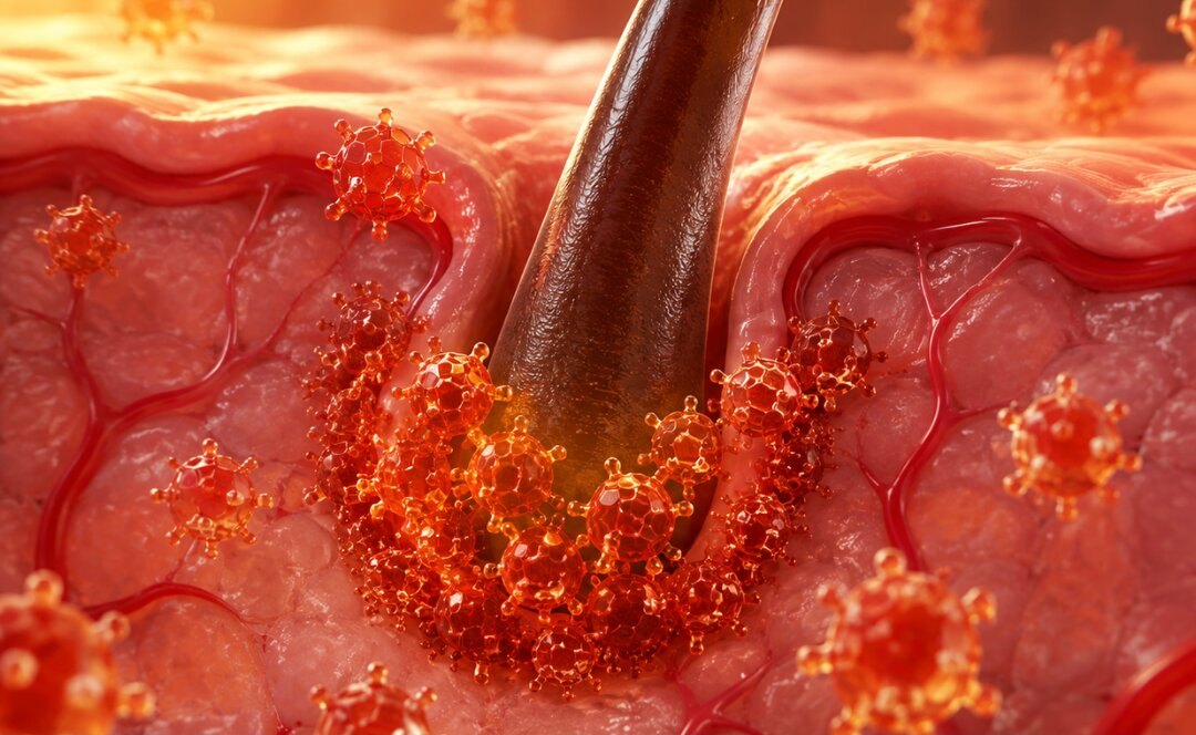 Cross-section of a hair follicle surrounded by DHT molecules clustered around the root