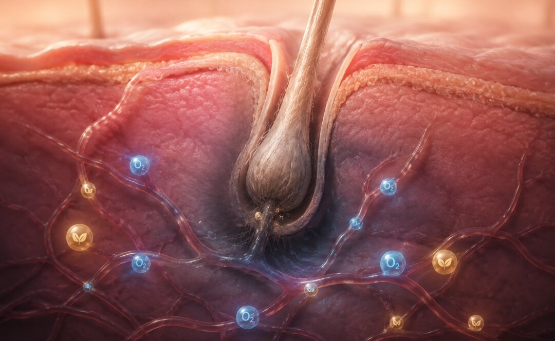 Cross-section of a dull, undernourished follicle fed by thin capillaries carrying scattered oxygen molecules