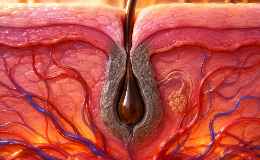 Cross-section of a follicle encased in hardened, thickened grey tissue