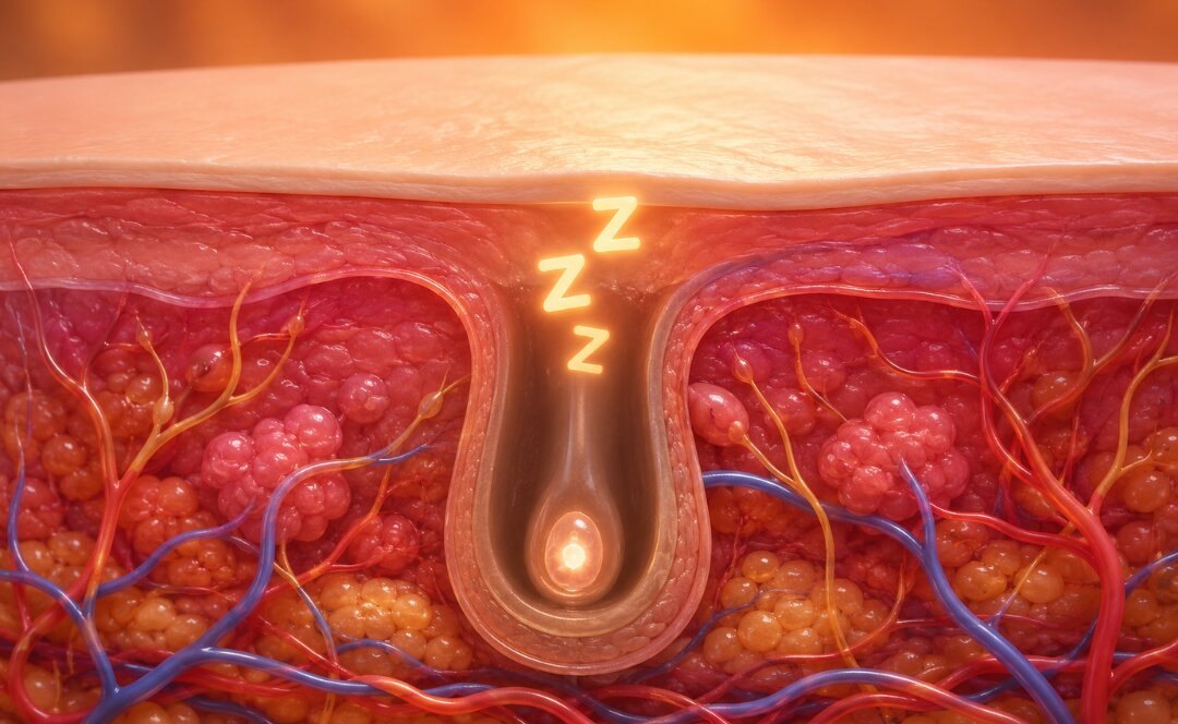 Cross-section of an empty follicle in its resting phase, with no hair shaft growing from it