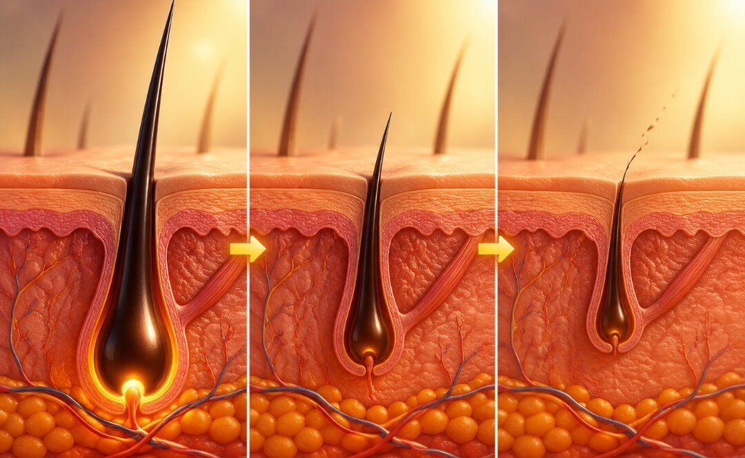 Three panels showing the same follicle across successive cycles, each time producing a shorter, finer hair