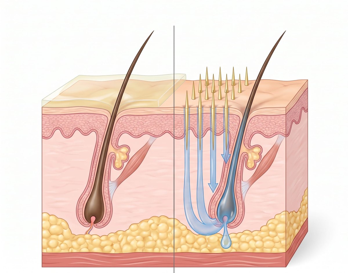 Cross-section of the scalp. On the left a topical sits on the outer barrier layer; on the right microneedles open channels and the serum reaches the follicle